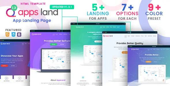 AppsLand app landing page HTML template with responsive design and multiple layout options