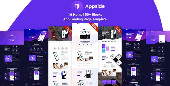 Appside app landing page HTML template showcasing 14 responsive demo variations with dark mode support
