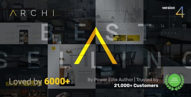 Archi WordPress theme homepage showing elegant interior design portfolio layout with project grid and navigation