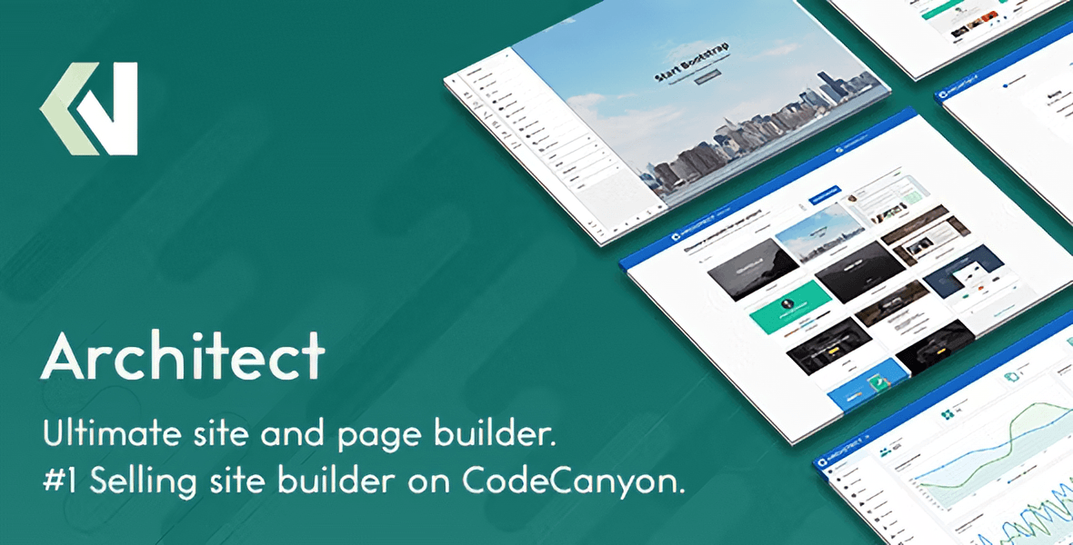 Architect website builder PHP script interface showing the drag-and-drop page builder dashboard
