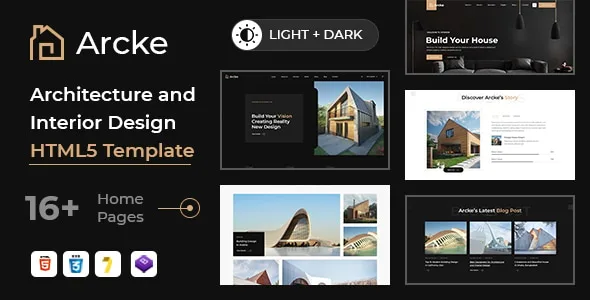 Arcke Architecture HTML5 Template homepage preview showing modern portfolio layout for design firms
