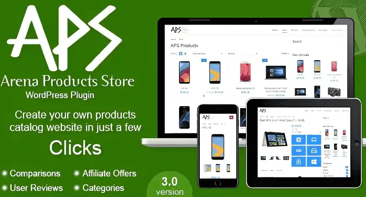 Arena Products Store WordPress product catalog plugin showing multi-category comparison layout and responsive design