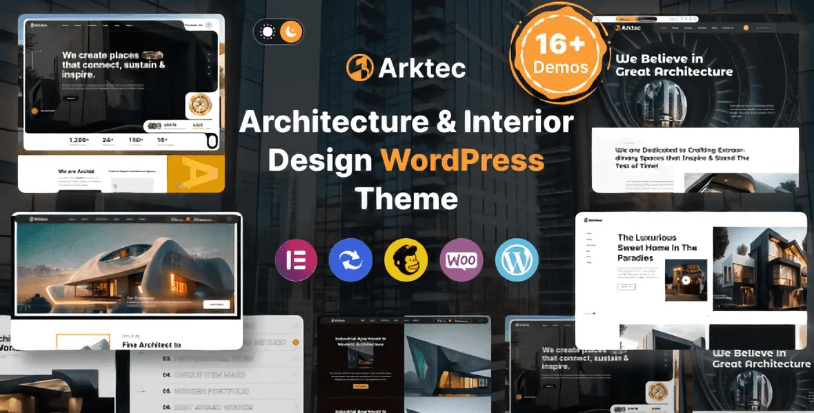 Arktec WordPress theme dashboard showing architecture portfolio layouts built with Elementor PRO widgets
