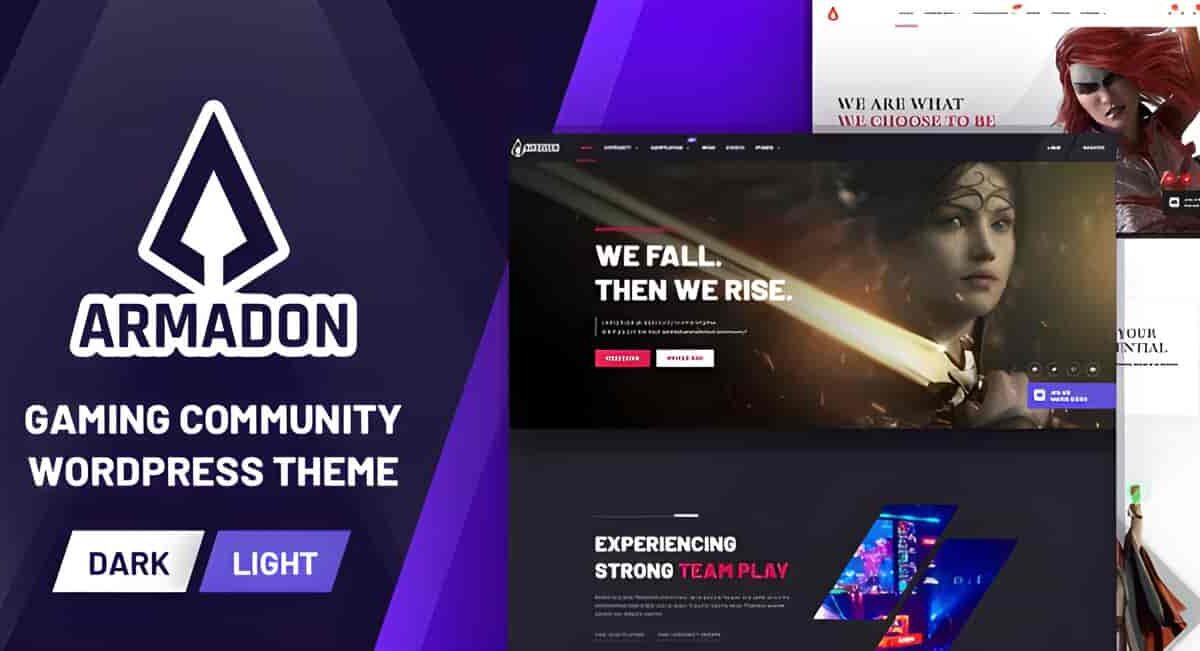 Armadon gaming community WordPress theme preview with esports layout and BuddyPress integration