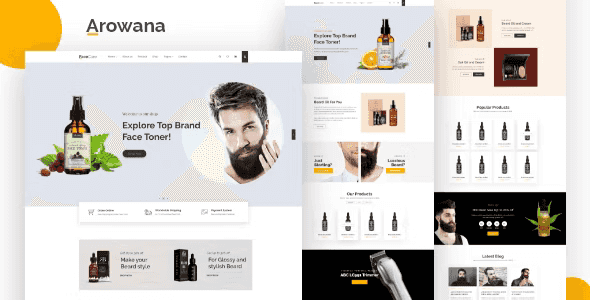 Arowana beard oil and barber shop HTML template preview showing responsive e-commerce layout