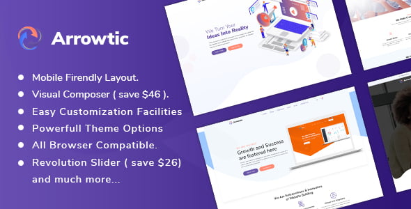 Arrowtic WordPress theme homepage preview showing clean agency layout with service cards, portfolio grid, and client testimonials on desktop and mobile