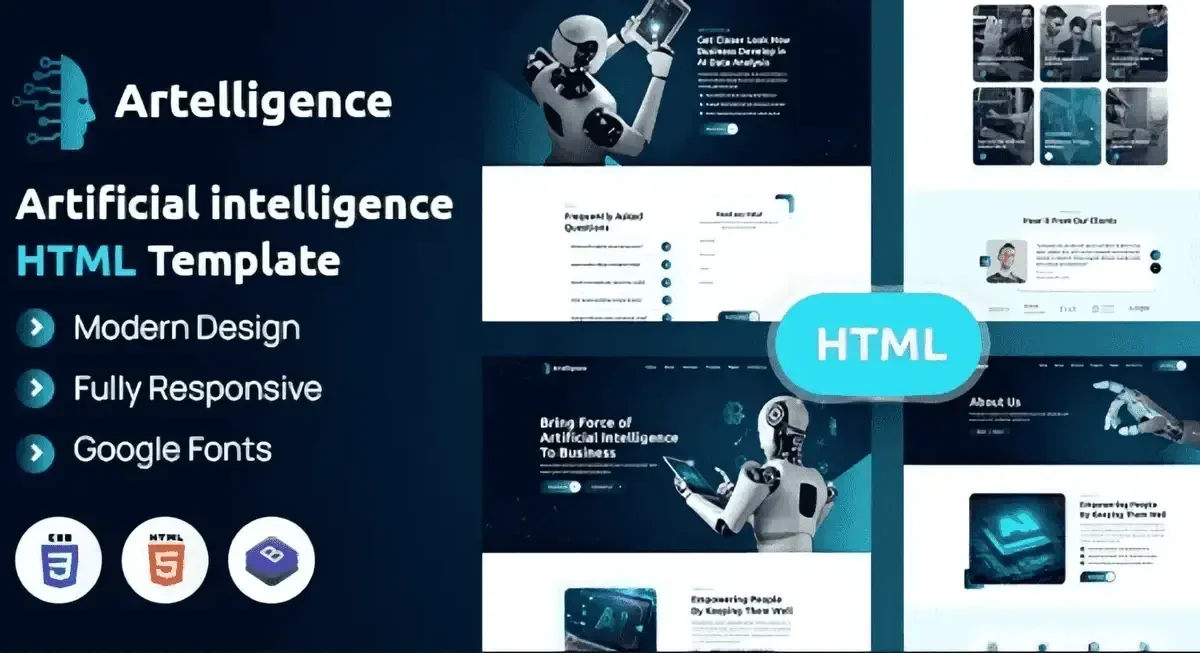 Artelligence AI robotics HTML5 template homepage layout with dark futuristic design