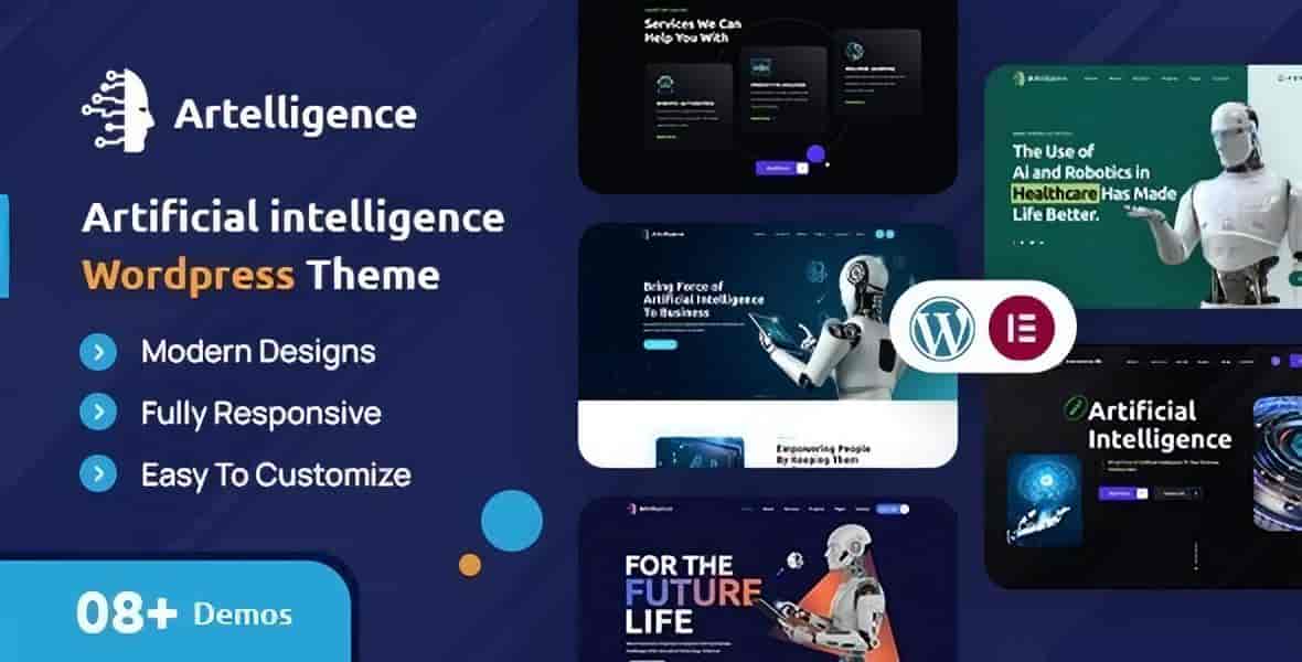 Artelligence AI and robotics WordPress theme preview with modern layout designs
