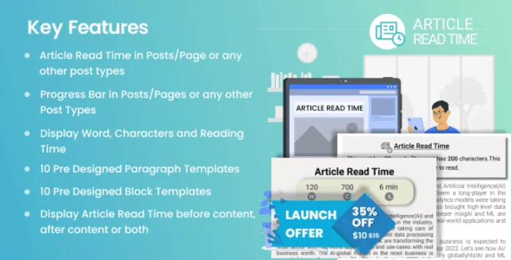 Article read time WordPress plugin interface showing reading time estimator and scroll progress bar on a blog post