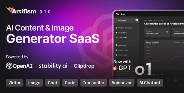 Artifism AI content and image generator SaaS script dashboard interface