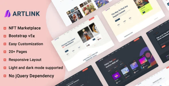 Artlink NFT marketplace HTML template built with Bootstrap 5 showing a responsive digital asset marketplace layout