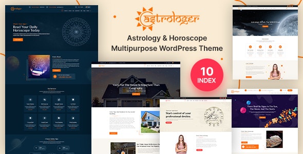 Astrologer WordPress theme preview showing horoscope and astrology website layout