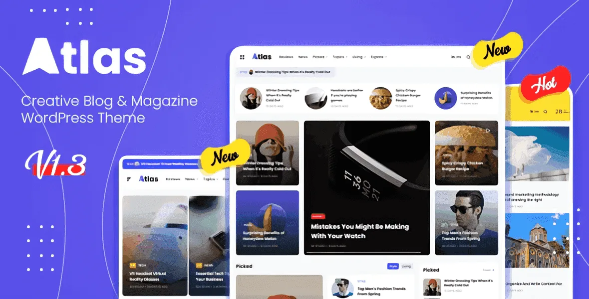 Atlas creative blog and news WordPress theme with Elementor page builder preview