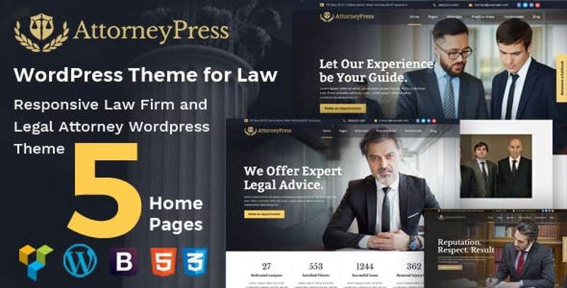 Attorney Press lawyer WordPress theme displaying a professional law firm website layout
