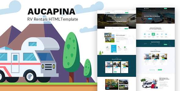 Aucapina camping rental HTML template featuring vehicle detail pages and customizable color options