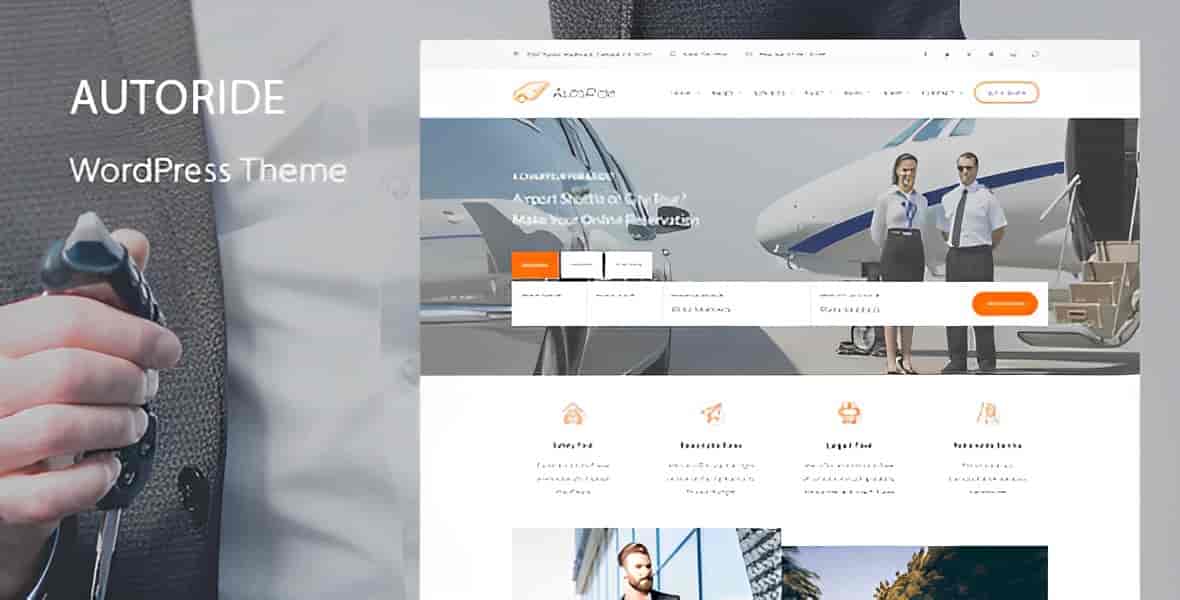 AutoRide chauffeur limousine WordPress theme homepage preview with booking system and corporate layout