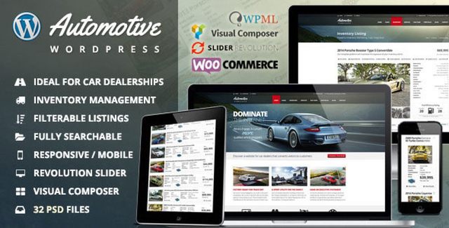 Car dealership WordPress theme dashboard showing vehicle inventory management and listing page layout