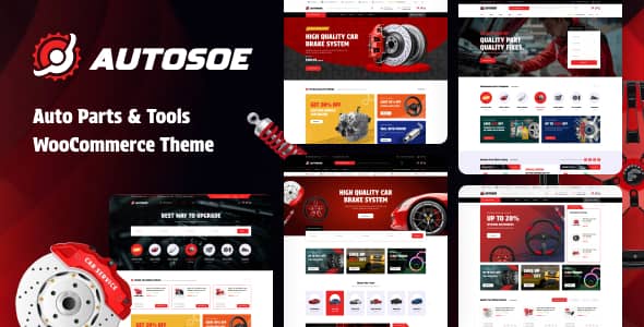 Autosoe Auto Parts WooCommerce Theme dashboard preview showing automotive store layout