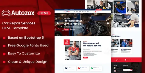 Autozox car repair services HTML template preview with responsive automotive website layout