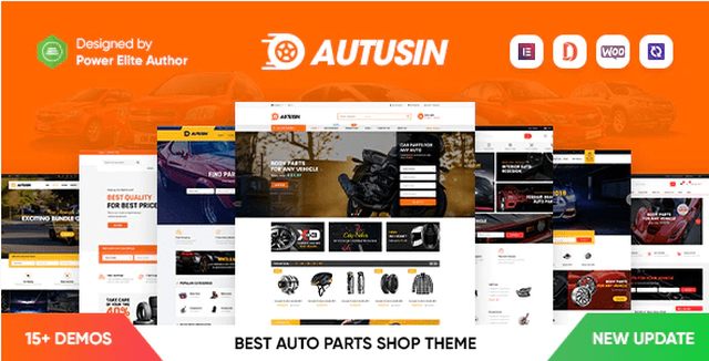 Autusin auto parts WooCommerce theme homepage demo showing automotive product catalog with Elementor page builder interface