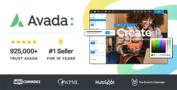 Avada WordPress theme dashboard showing visual builder interface with drag-and-drop page editing