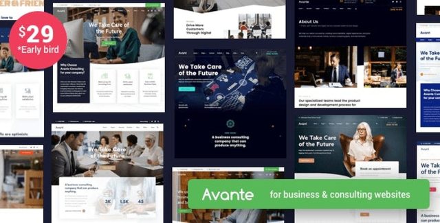 Avante WordPress theme preview showing business consulting website layout