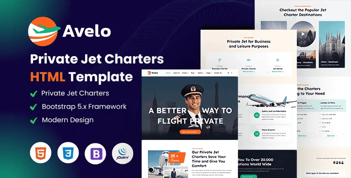 Avelo private jet charter HTML template preview showcasing a modern aviation website layout