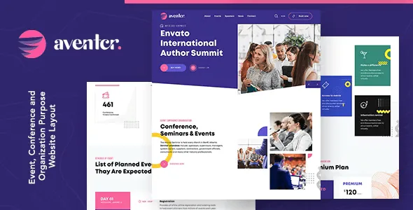 Aventer conference and events HTML template preview showing smooth animations and responsive Bootstrap 5 design