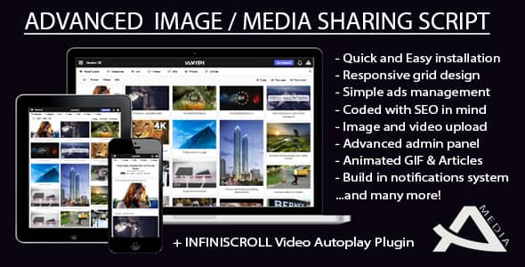 Avidi Media PHP media portal script interface showing multimedia content dashboard