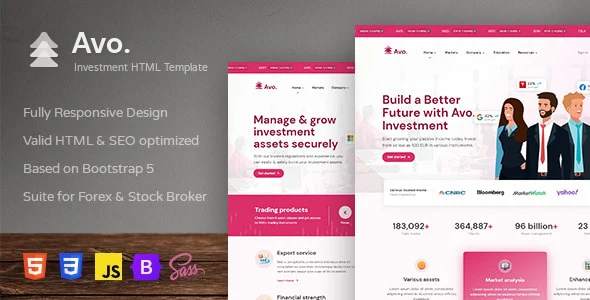 Avo finance HTML template homepage preview showing professional forex and wealth management layout on desktop and mobile