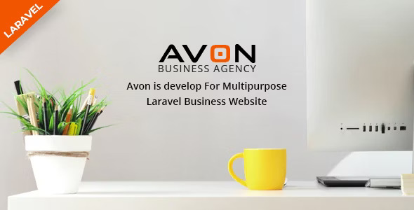 Avon Laravel business website script dashboard showing homepage slider, services grid, and portfolio sections