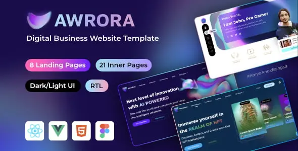 Awrora AI blockchain NFT digital business template showing modern interface with customizable layouts and dark mode support