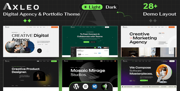 Axleo digital agency WordPress theme preview showcasing modern Elementor-built layout with dark and light mode options