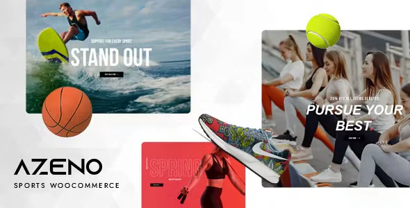 Azeno WooCommerce sports store theme with Elementor page builder and multi-vendor marketplace functionality
