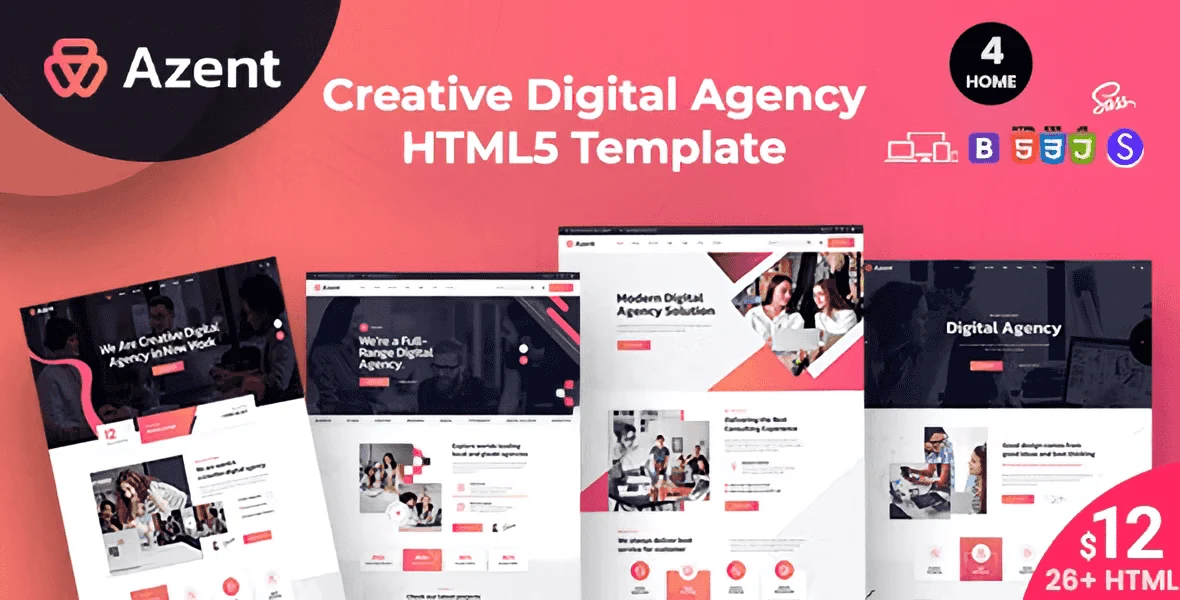 Azent creative digital agency HTML template preview showcasing a modern responsive agency website layout