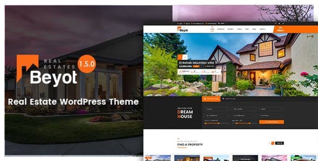 BEYOT WordPress real estate theme homepage preview with property listing layout