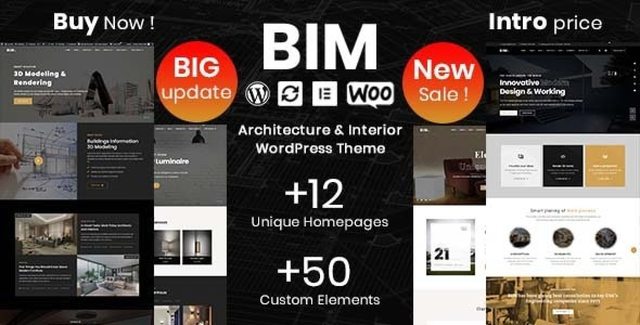 BIM architecture and interior design WordPress theme preview with Elementor page builder