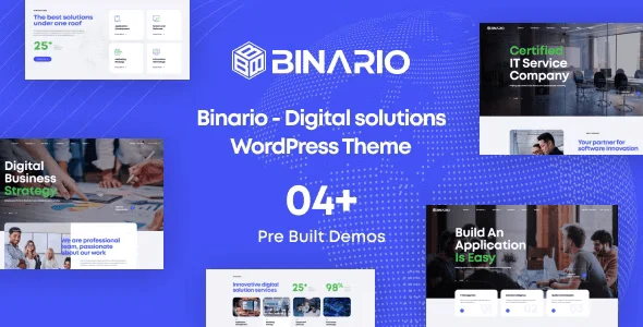 Binario Digital Solutions WordPress Theme demo showcasing modern agency and SaaS website layouts