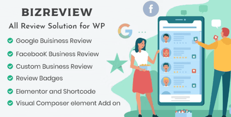 BIZREVIEW business review WordPress plugin dashboard showing customizable review layouts and visitor statistics