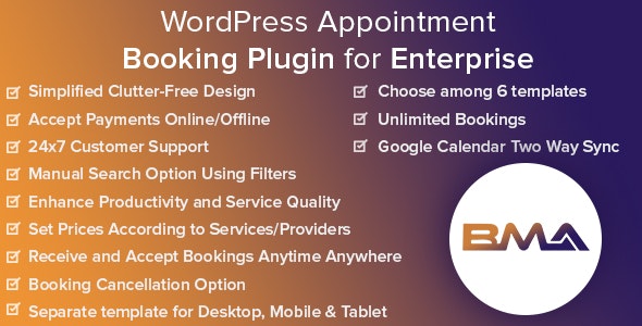 BMA WordPress appointment booking plugin dashboard showing calendar, booking form, and payment options