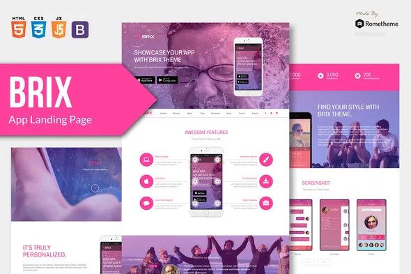 BRIX mobile app landing page template with responsive Bootstrap 4 layout