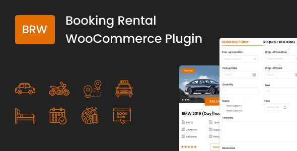BRW Booking Rental Plugin dashboard showing rental calendar, booking management, and pricing configuration for WooCommerce