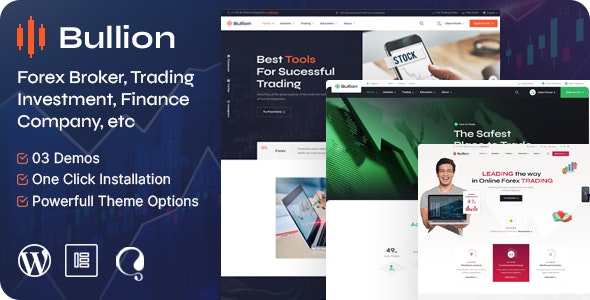 Bullion forex broker WordPress theme preview showing trading and finance website layout