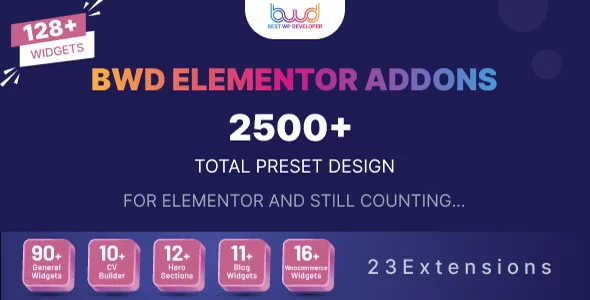 BWD Elementor Addons Bundle Pro for Elementor page builder with 130 widgets, 23 extensions, and 2500 templates