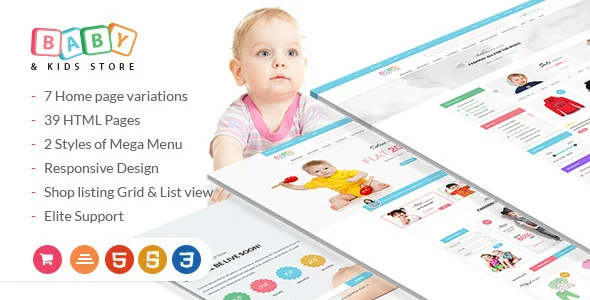 Baby and kids ecommerce HTML template preview showcasing a colorful responsive online store layout