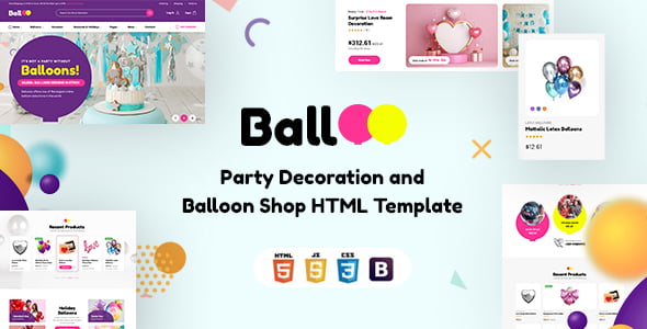 Balloo balloon shop HTML template homepage with colorful party decoration design and product sections