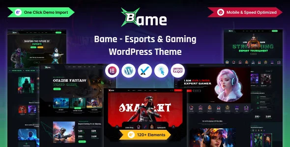 Bame esports and gaming WordPress theme preview showcasing a modern minimalist design
