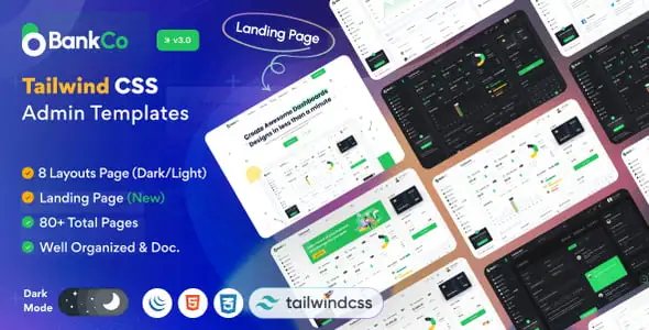 Bankco Tailwind CSS admin template for finance showing a responsive banking dashboard layout
