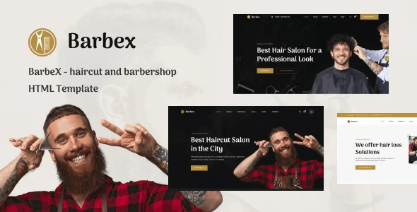 BarbeX barbershop and hair salon HTML template preview with Bootstrap 5 responsive layout