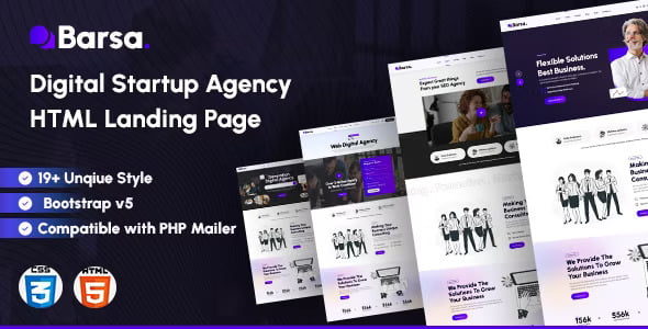 Barsa HTML landing page template preview showing responsive Bootstrap 5 layout design